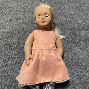 Battat Blonde Girl Doll Pink Dress Check Pants Vinyl Play Doll Toy Collectible